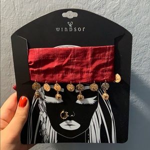 Maroon headband and nose ring